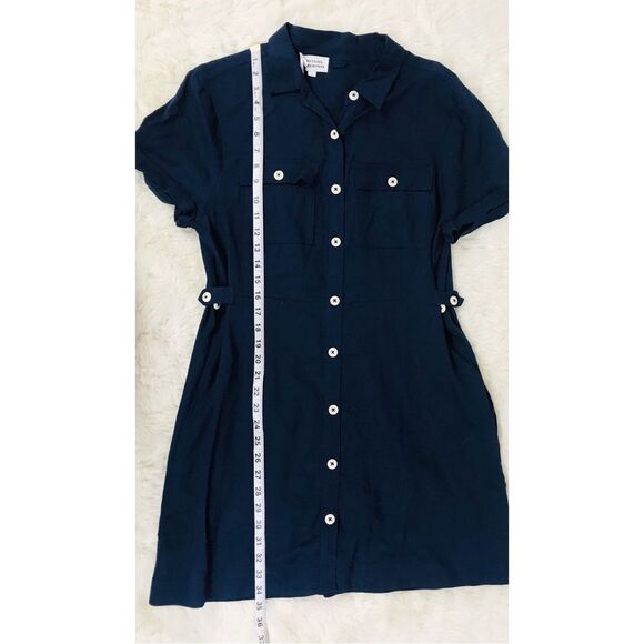 Navy Blue 100% Linen Short Sleeve Button Front Dress Classic Midi Size Large New - Picture 12 of 12